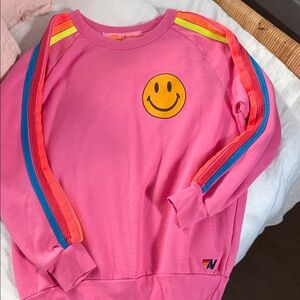 Aviator Nation - L - Pink Sweatshirt with Smiley Face and Striped Sleeves